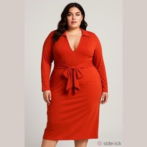 Eloquii Orange Long Sleeve V Neck Collared Faux Wrap Midi Dress Size 16